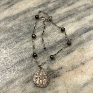 Silver chain link necklace with dark freshwater pearls and silver Greek coin